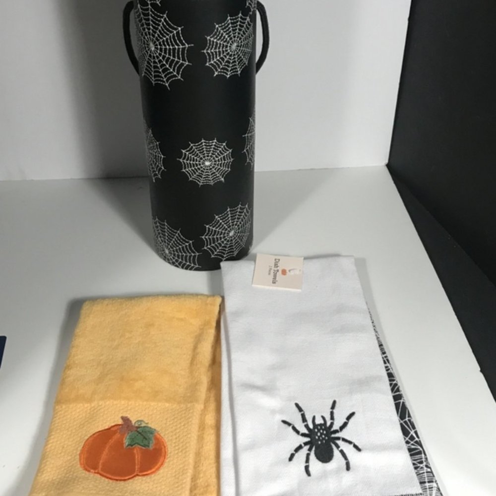 Halloween lot, web wine tote spider and spider web dish towel pumpkin towel